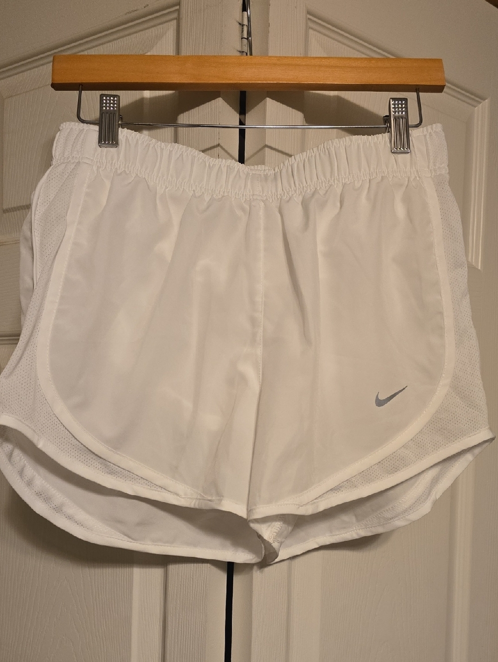 Nike White Women's Athletic Running Shorts with Gray Swoosh